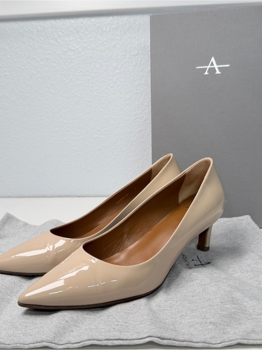 Aquatalia Patent Leather Pointed-Toe Pumps in Nude Beige